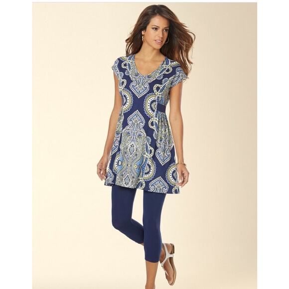 SOMA Tunic Top Luxuriously Soft Shirred Side Paisley Print Empire Waist M NWT - Picture 2 of 13